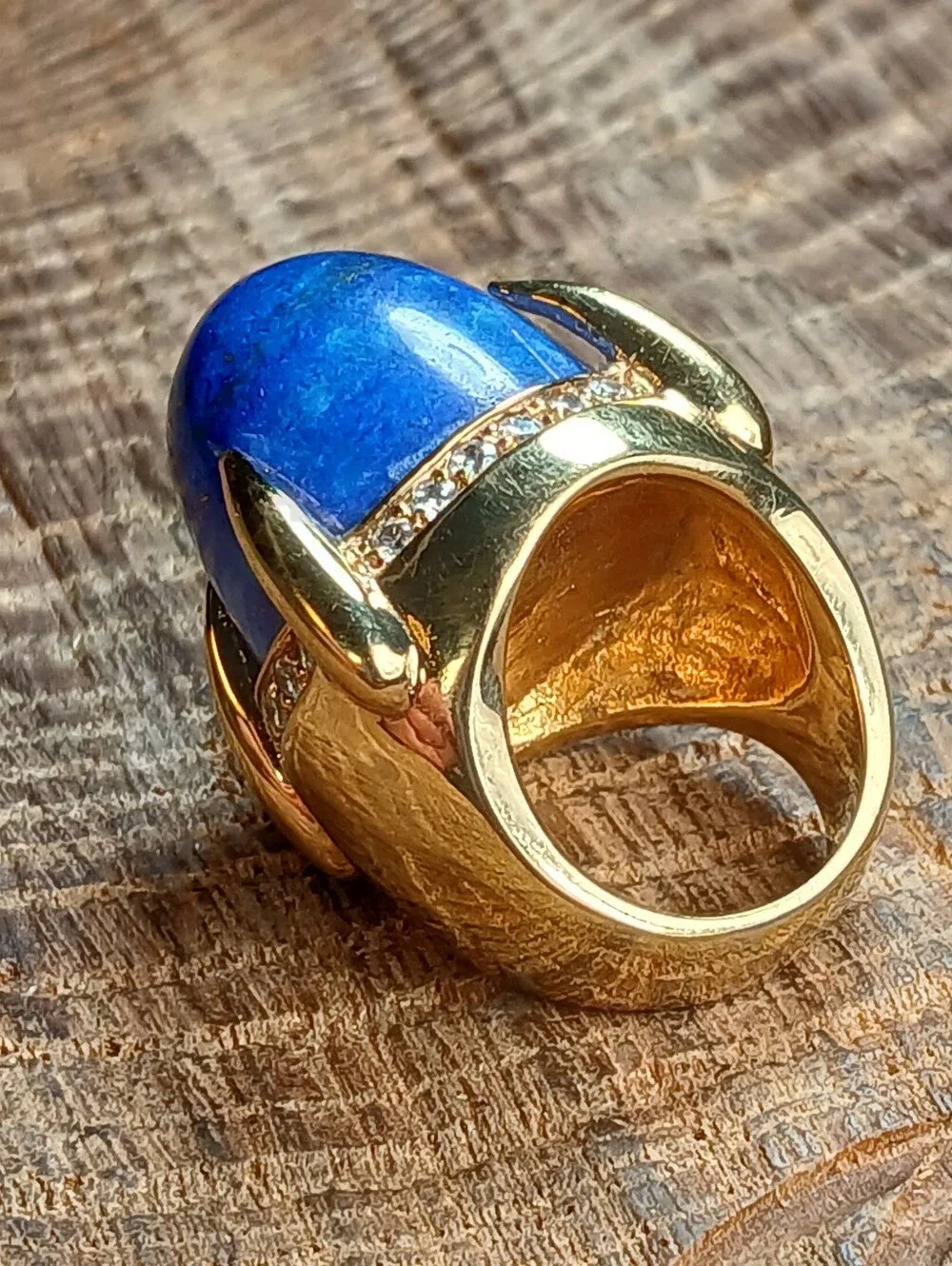 Gold-Tone Lapis Lazuli Statement Ring with Pavé Accents Size 5
